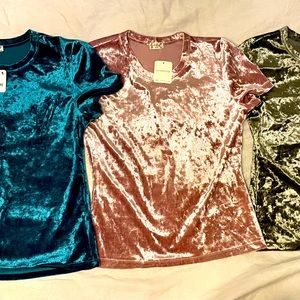 • Free People Velvet Baby Tees • Pink: M • Light Green: M • Dark Green: L